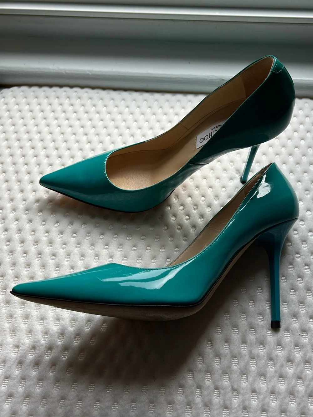 Jimmy Choo Anouk 120 Azora Turquoise Patent Leather Pumps IT 38 US 8